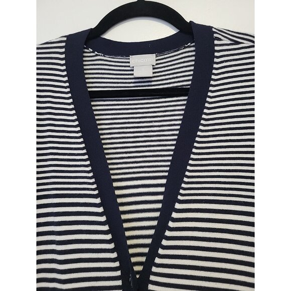 Chico's (3)  Nautical Faded Stripe Long Sweater Cardigan Blue & White XL - Picture 6 of 9